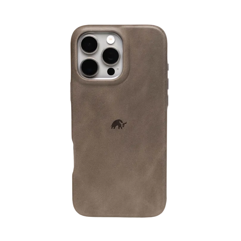 A grey leather iPhone case with a precision cut-out for the iPhone's camera and buttons, featuring a closed bottom design and the Bullstrap logo.