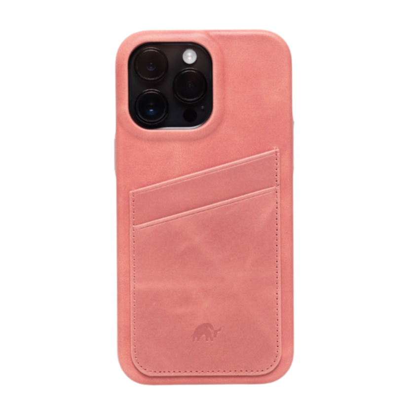 Rear view of Minimalist Portfolio Case in South Beach pink leather showing two card slots and camera cutout
