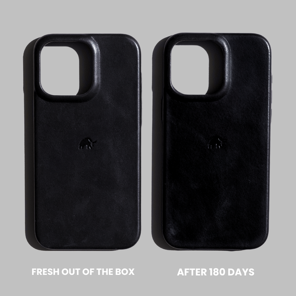 Two Black Edition Flex Case backs: left FRESH OUT OF THE BOX; right AFTER 180 DAYS, showing wear and patina.