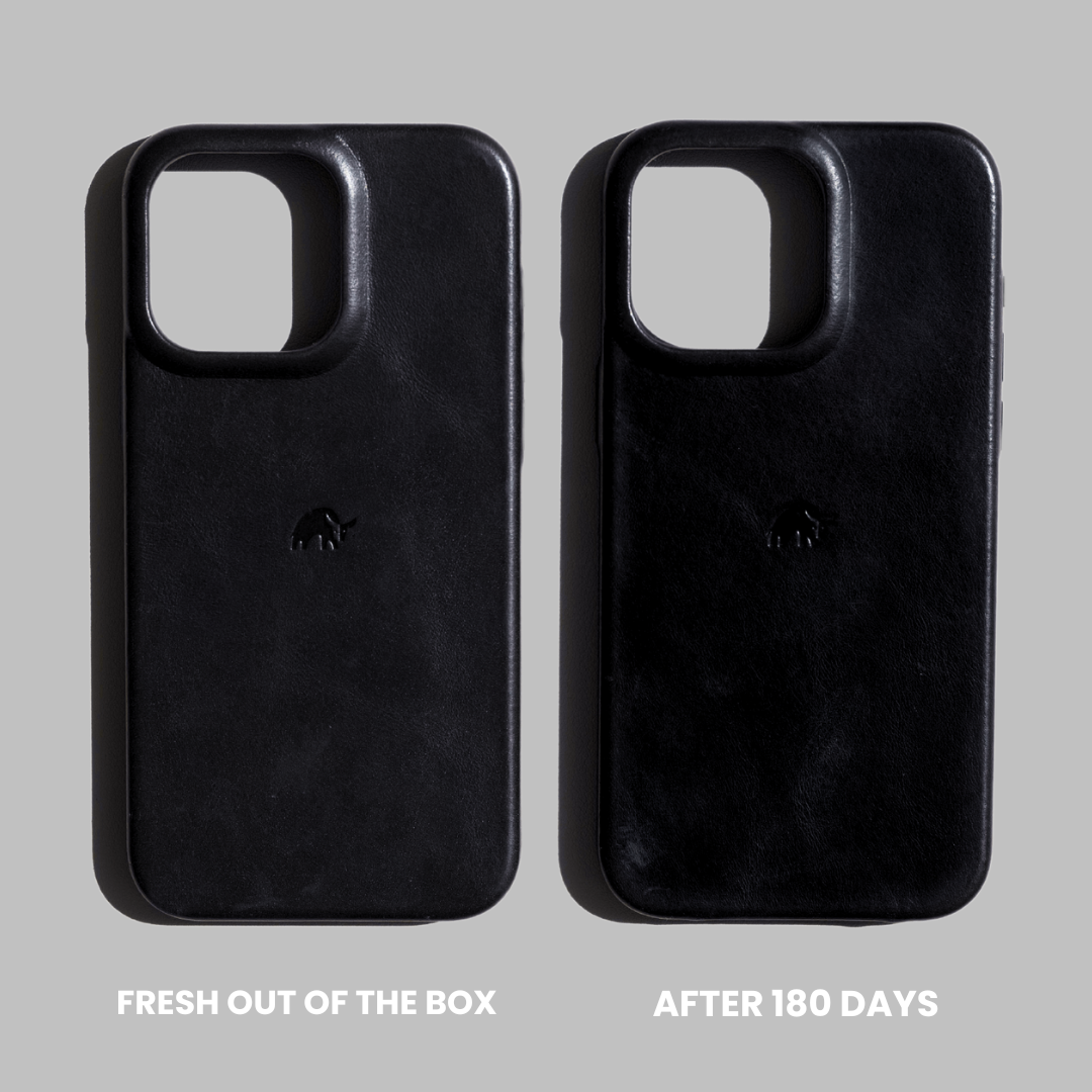 Two Black Edition Flex Case backs: left FRESH OUT OF THE BOX; right AFTER 180 DAYS, showing wear and patina.