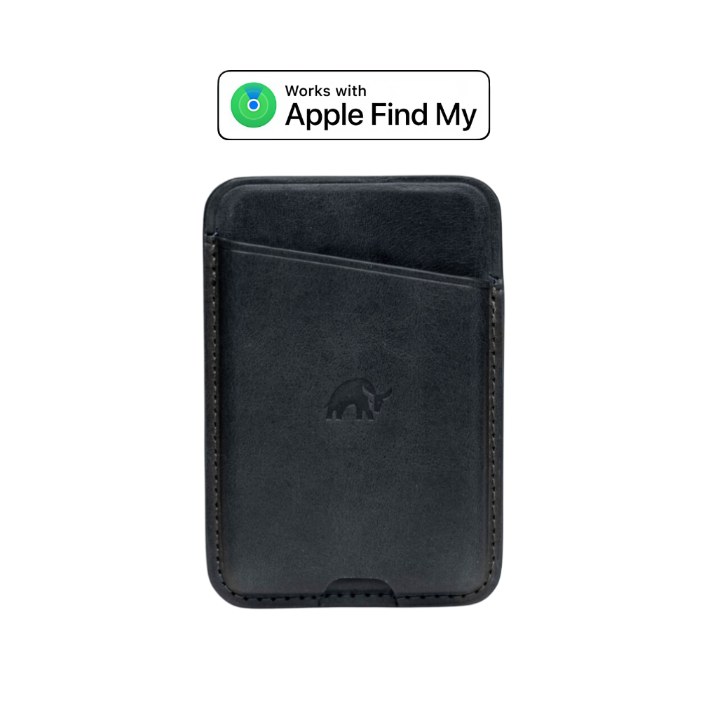 Front of black leather MagSafe wallet with diagonal card pocket and embossed Bullstrap logo, Works with Apple Find My badge