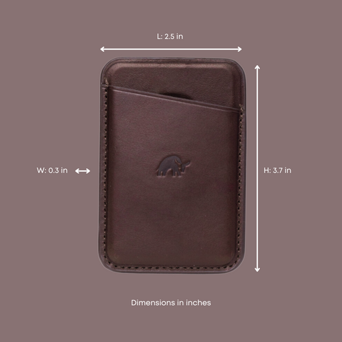 Leather Magnetic Wallet in Bourbon color with dimensions L: 2.5 in, W: 0.3 in, H: 3.7 in.