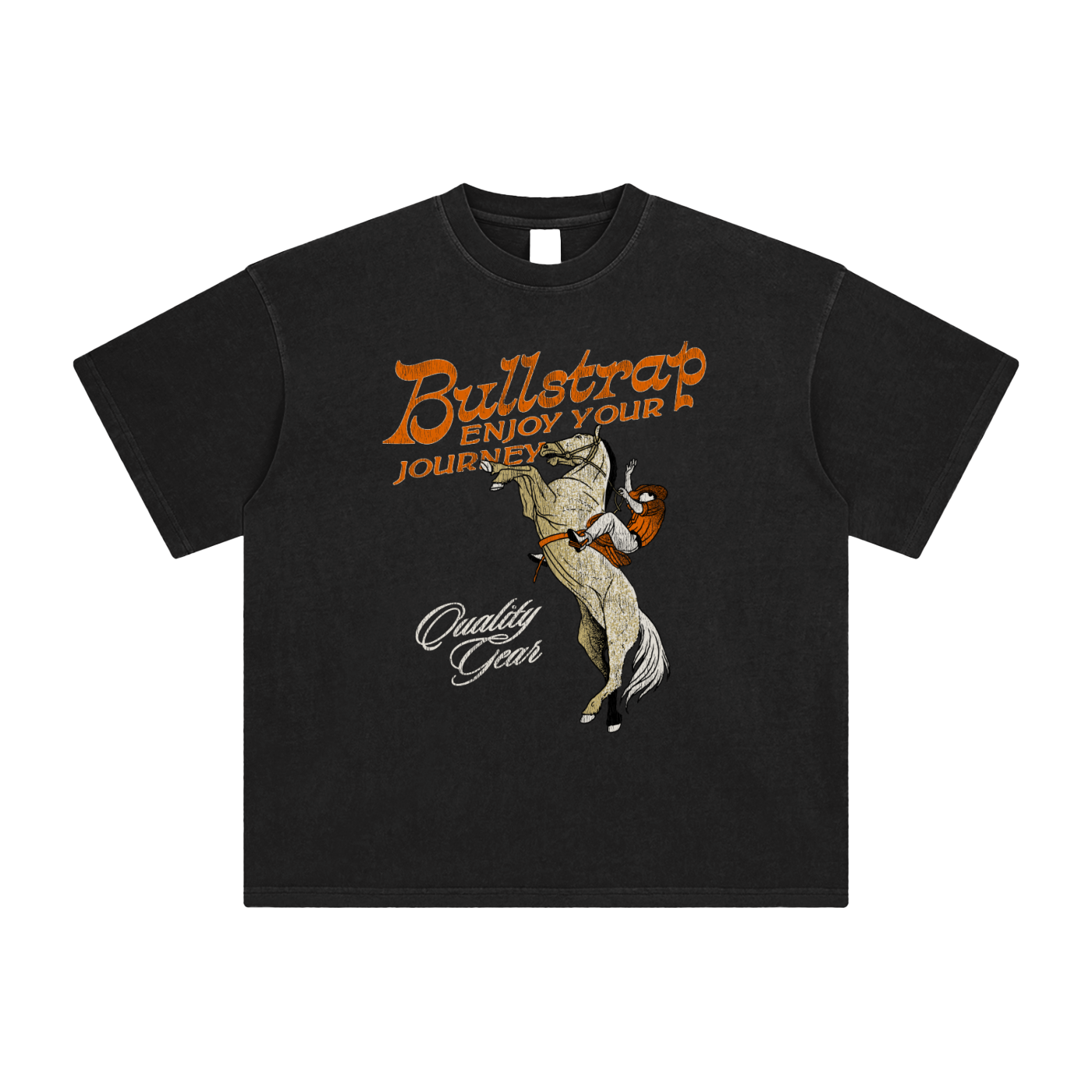 Charcoal tee with orange 'Bullstrap' logo, text 'ENJOY YOUR JOURNEY', rearing horse and rider, and 'Quality Gear' script.