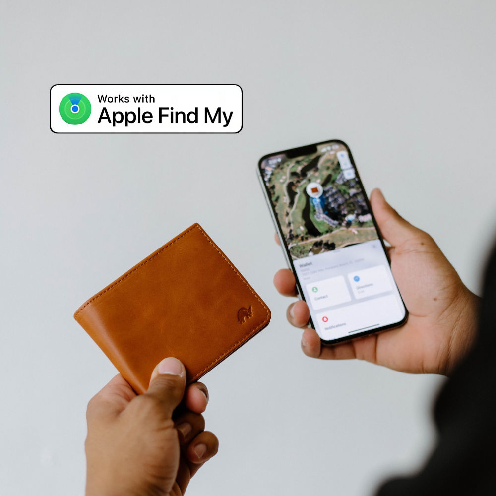 Phone and wallet — screen shows Wallet Contact Directions Notifications; badge Works with Apple Find My.