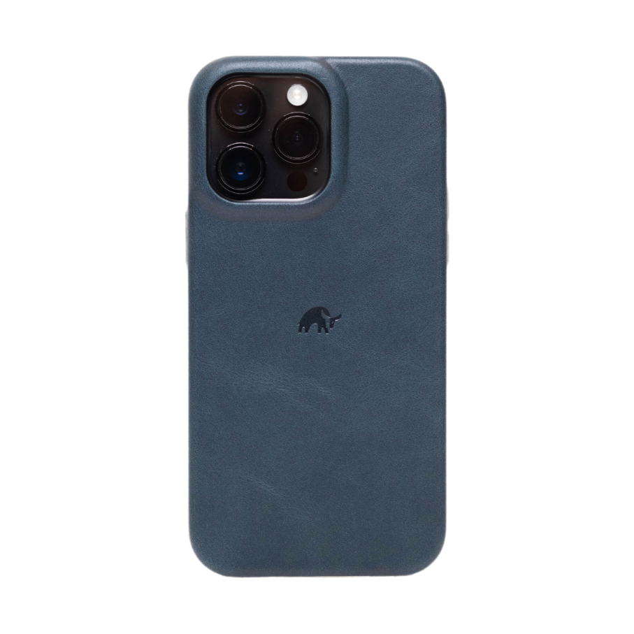 Ocean blue leather iPhone case with raised camera cutout and small embossed rhino logo