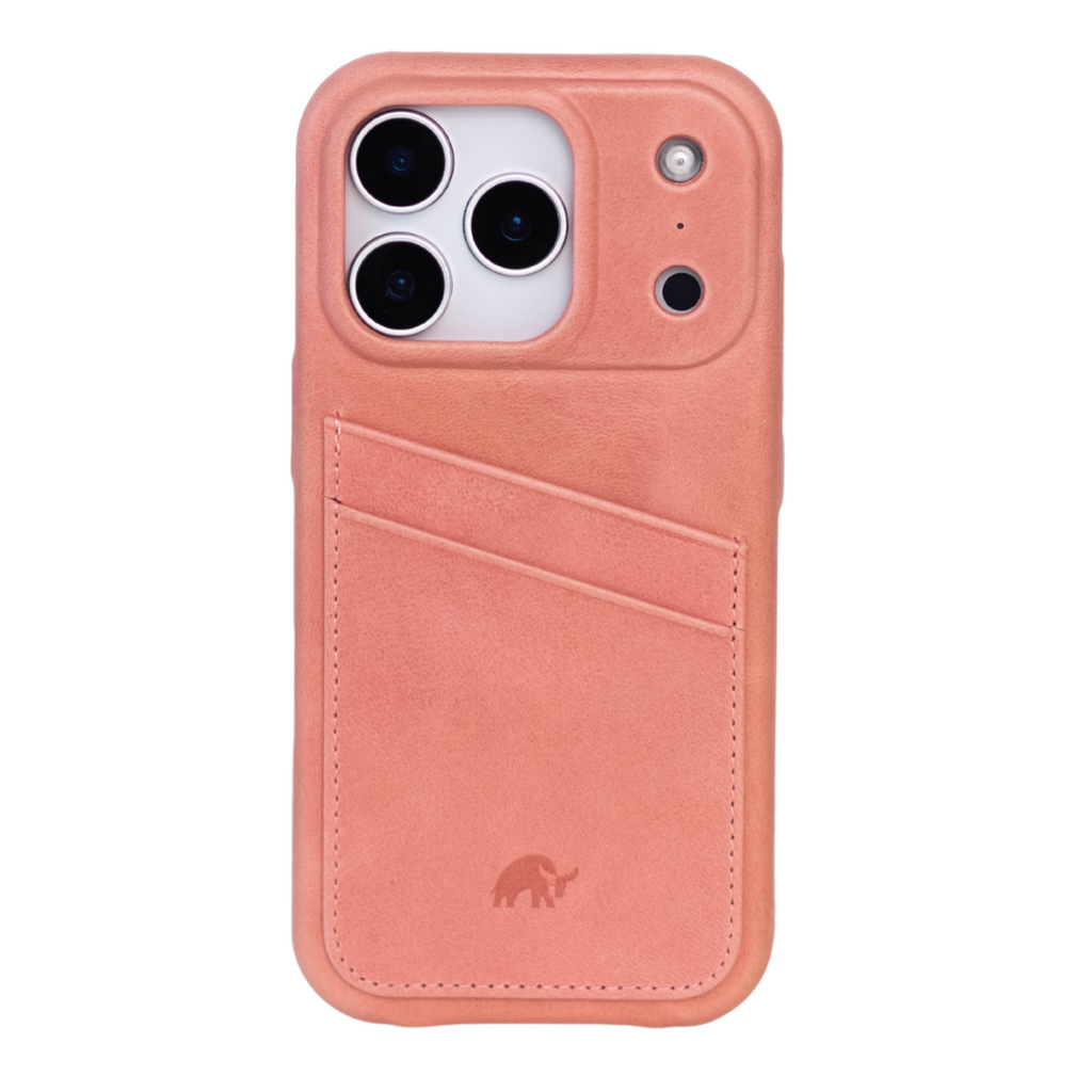 Coral-pink leather smartphone case with stitched dual card pocket and small embossed elephant logo