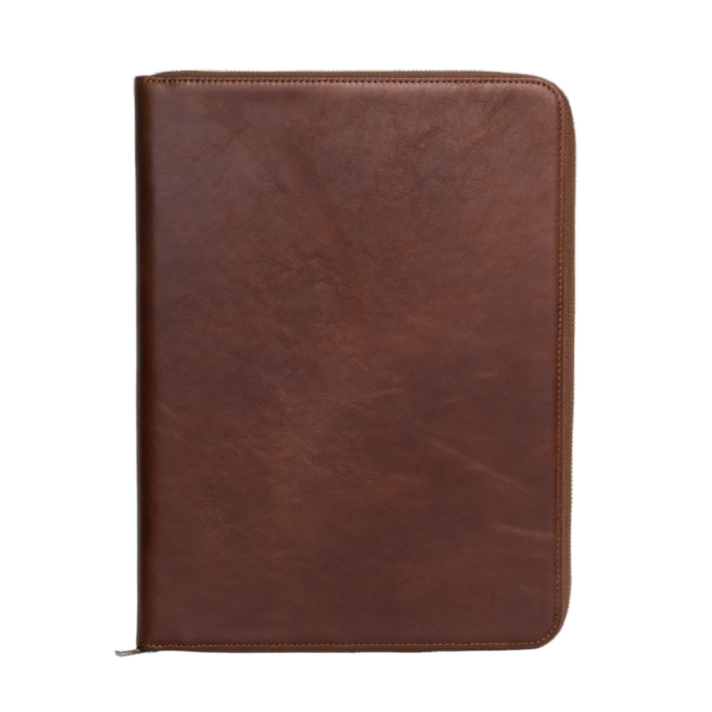 Brown leather MacBook sleeve with a smooth finish