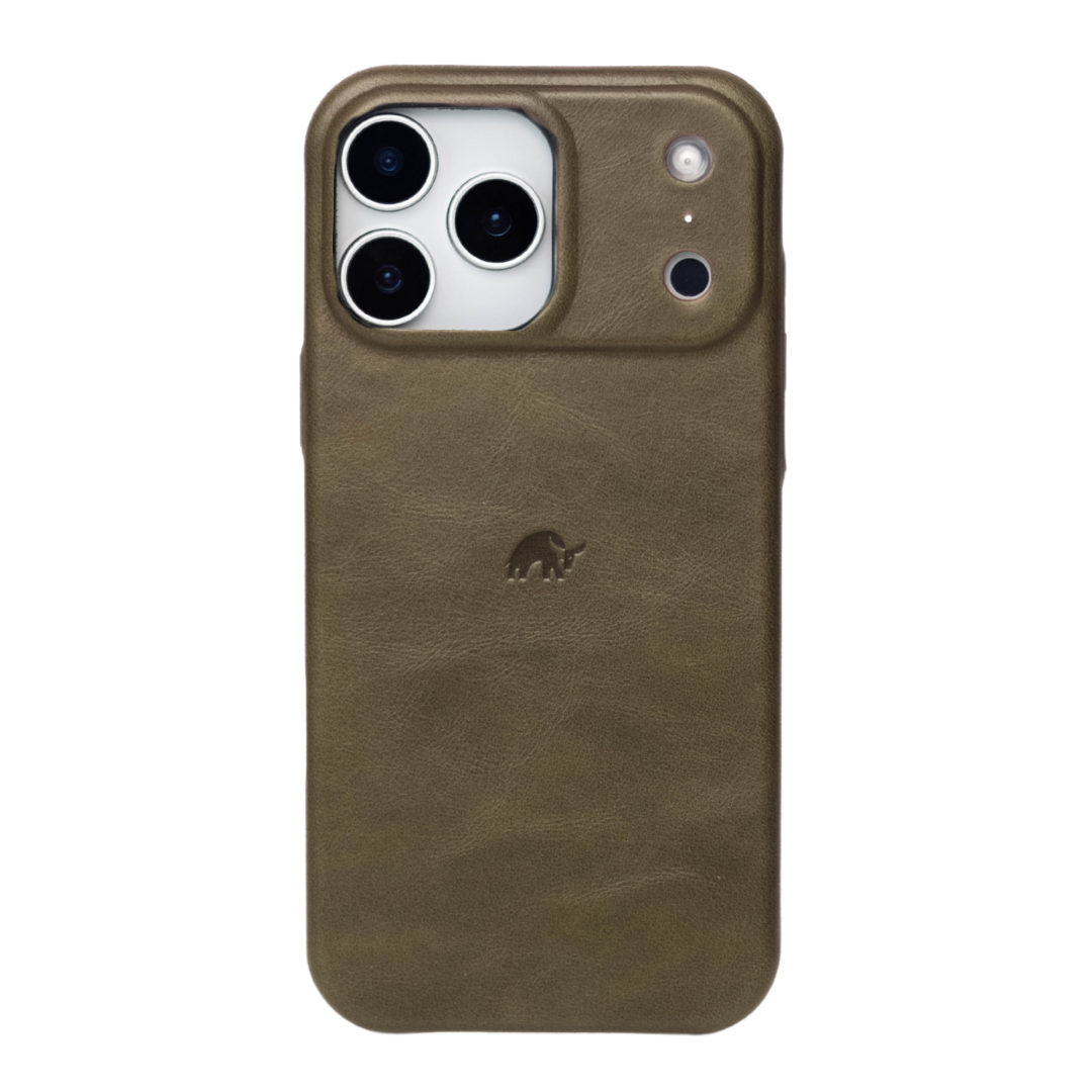 Brown leather phone case with raised triple-camera cutout and small embossed elephant logo — MAVERICK Minimalist Case