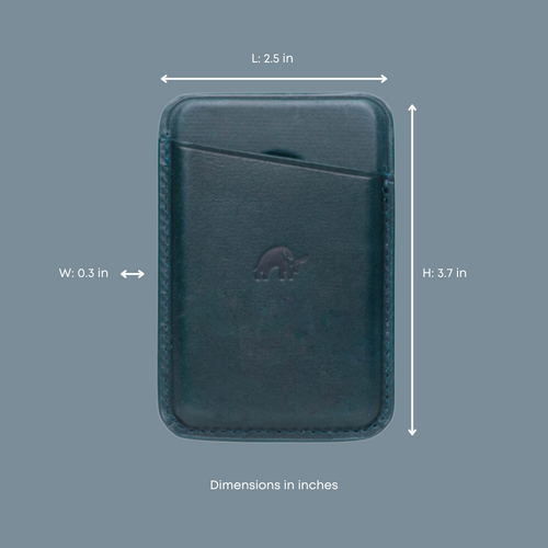 Leather magnetic wallet, OCEAN - L: 2.5 in; W: 0.3 in; H: 3.7 in. Dimensions in inches.