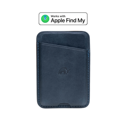 Navy leather MagSafe wallet with embossed Bullstrap logo; Works with Apple Find My badge above