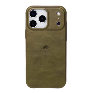 Olive-green leather iPhone case with raised camera housing, Bullstrap logo, fits triple-lens iPhone.
