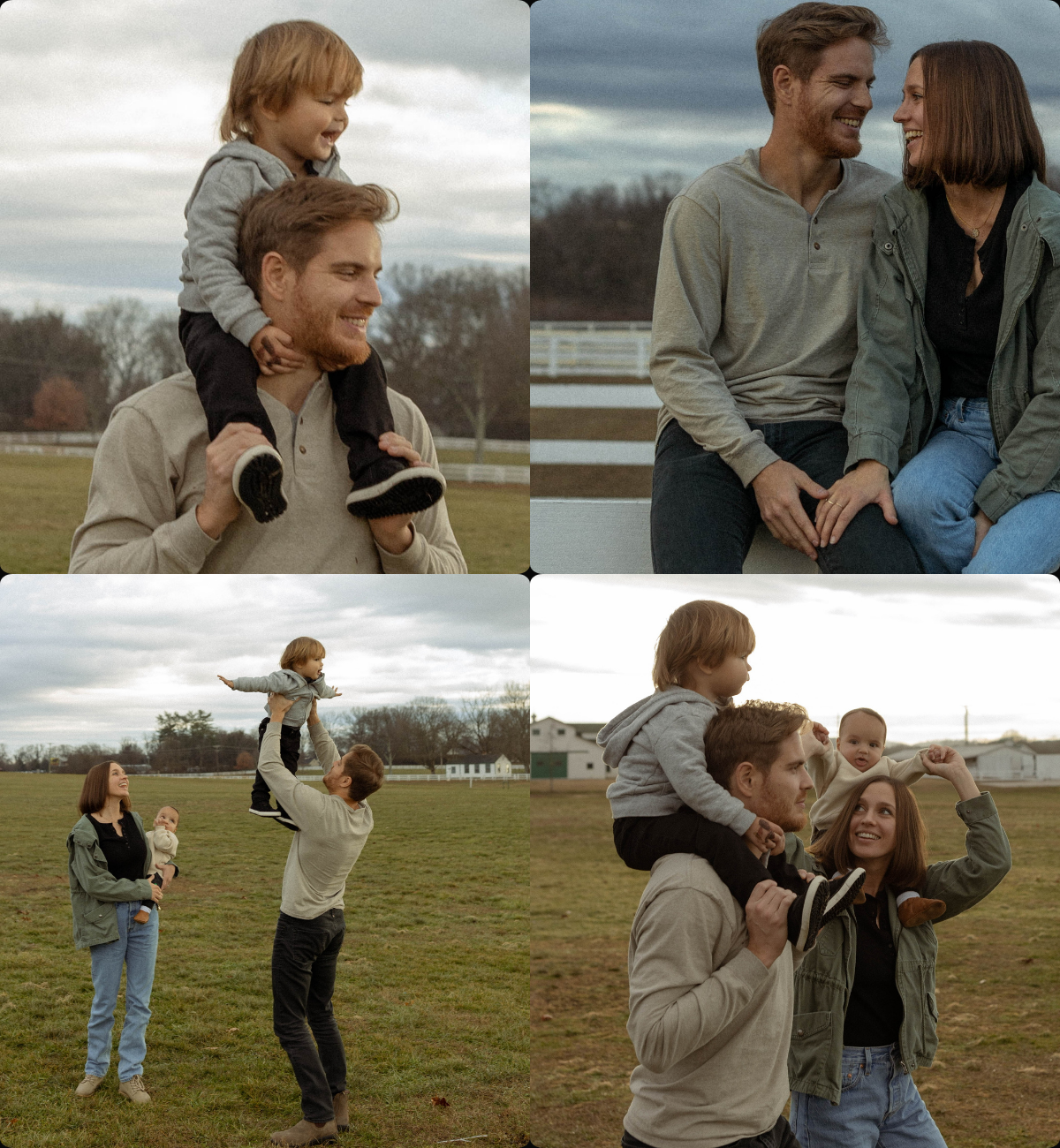 Parents playing with two young children in a field, father with toddler on his shoulders, mother holding an infant.