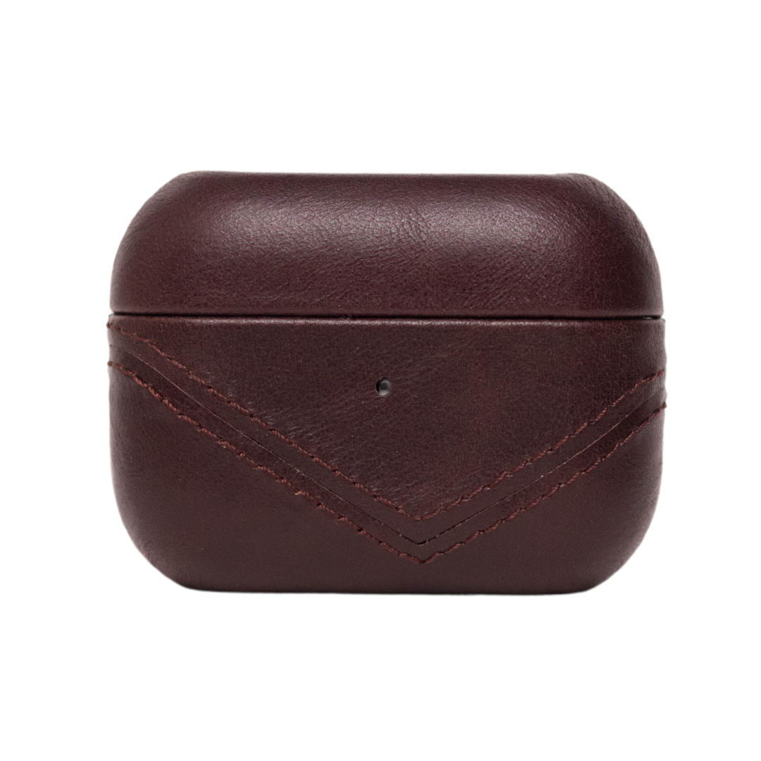 Brown leather AirPods case with stitching detail