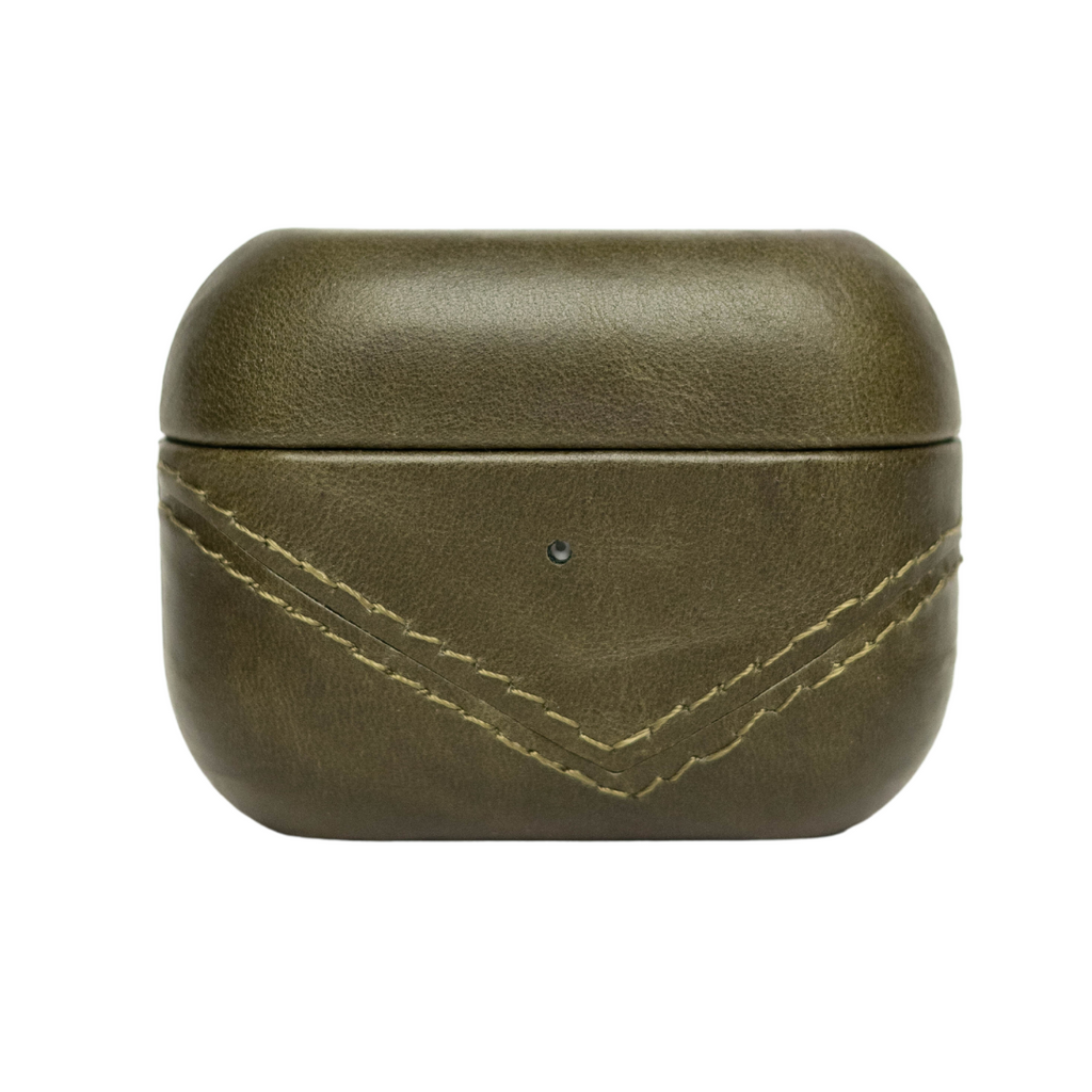 Olive green leather AirPods case with stitched design
