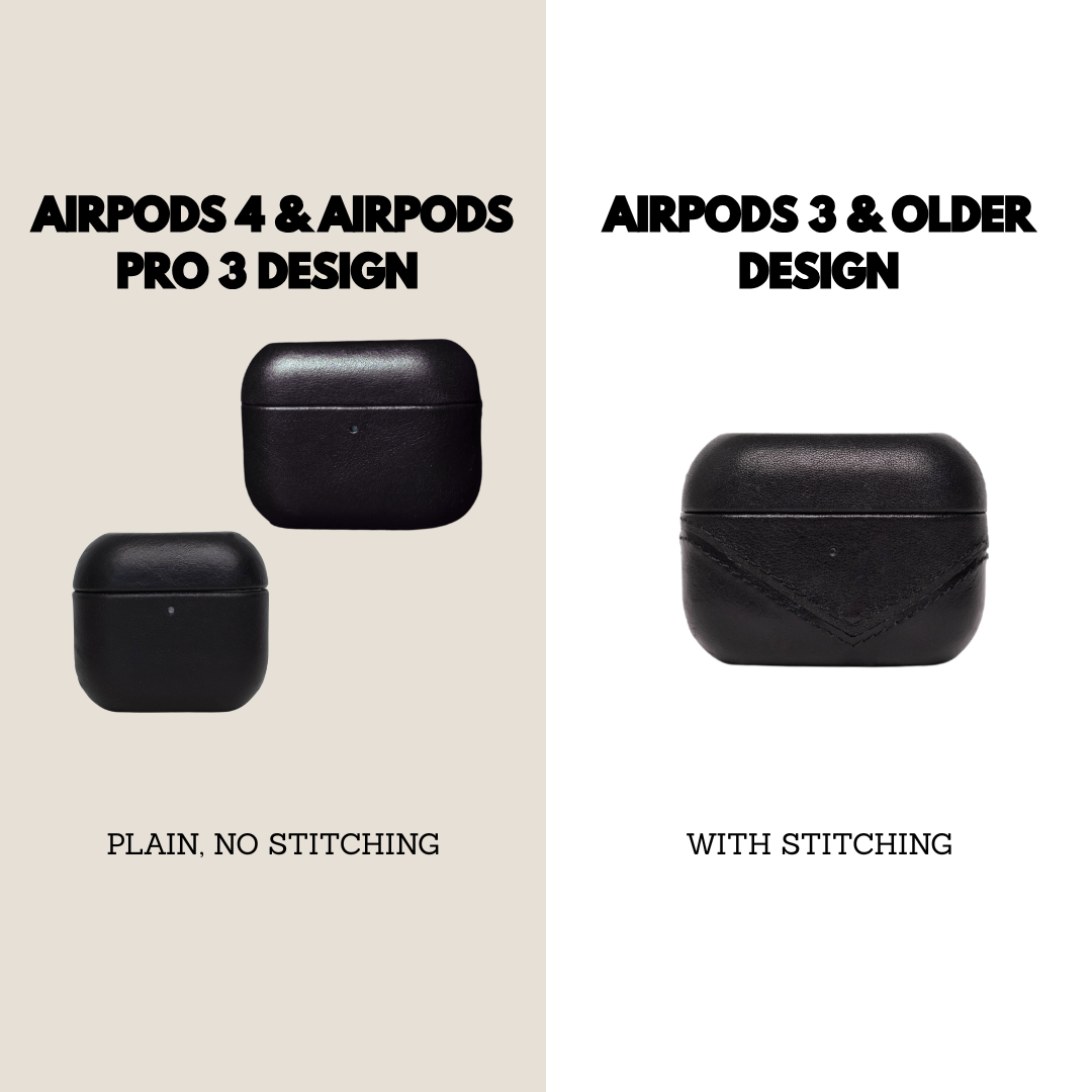 Leather AirPods cases: AIRPODS 4 & AIRPODS PRO 3 DESIGN — PLAIN, NO STITCHING; AIRPODS 3 & OLDER DESIGN — WITH STITCHING