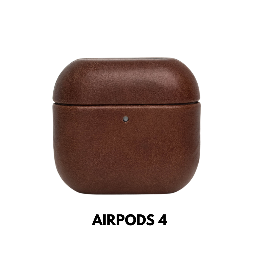 Brown Terra leather charging case for AirPods, front view showing centered LED indicator.