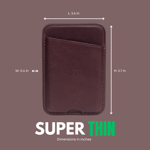 Bourbon leather slim NavSafe wallet, embossed elephant; L: 2.6 in W: 0.4 in H: 3.7 in; SUPER THIN; Dimensions in inches