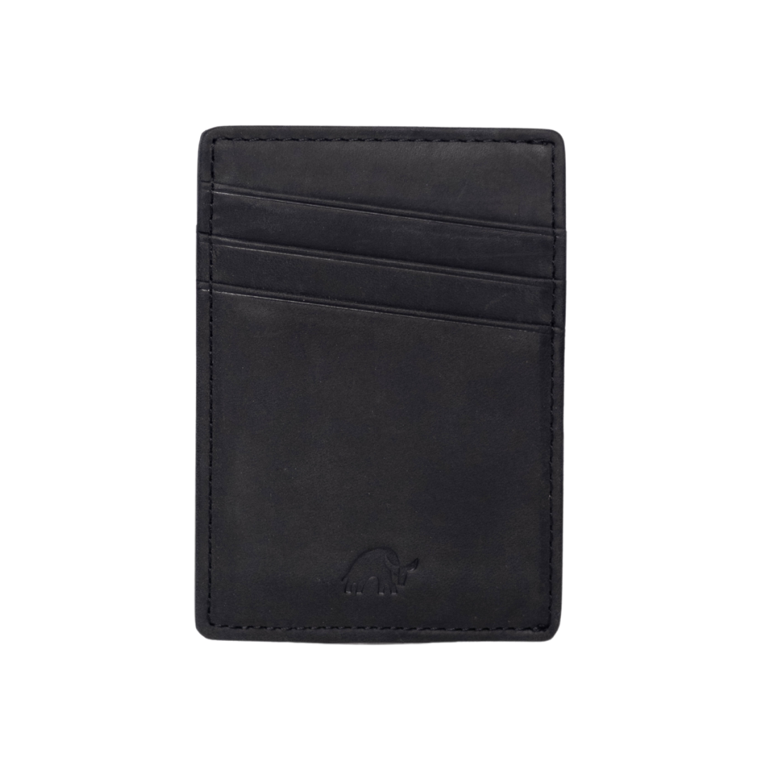 Black leather card wallet with three diagonal card slots and small embossed rhino logo