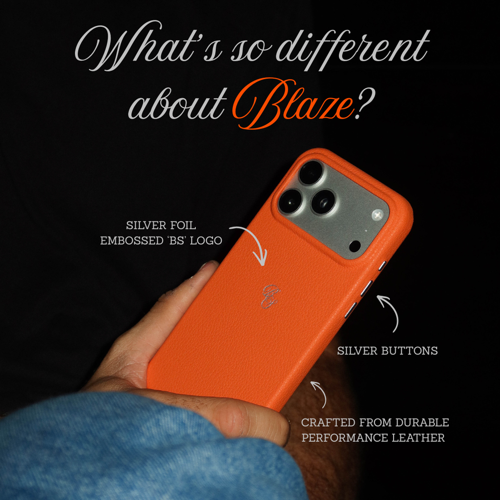 Angled Blaze hunter orange case showing silver 'BS' logo and buttons; overlaid headline asking what's different about Blaze