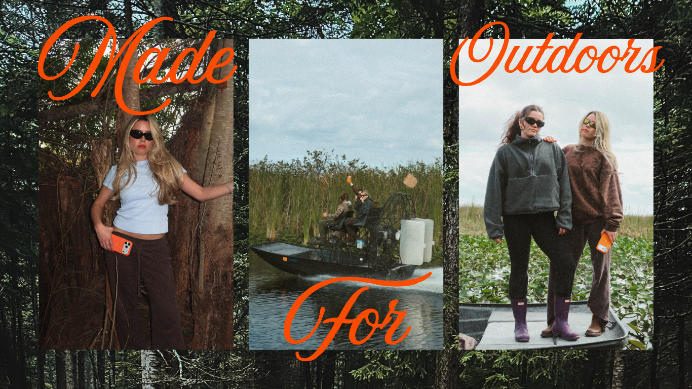 Two women on a small boat and a person in an airboat holding an orange iPhone case in marshland, overlaid script text 