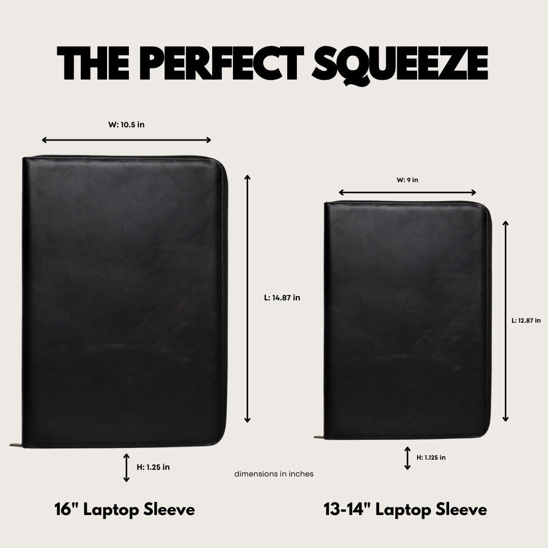 Black zip-around leather laptop sleeves shown side-by-side with labeled dimensions for 16-inch and 13–14-inch sizes.