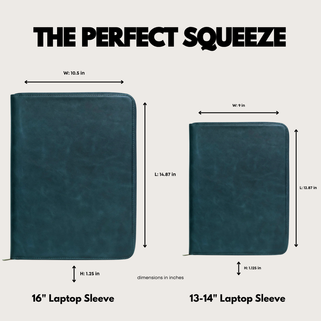 Ocean leather laptop sleeves, 16" and 13–14" sizes, front view with width, length and height dimension callouts.