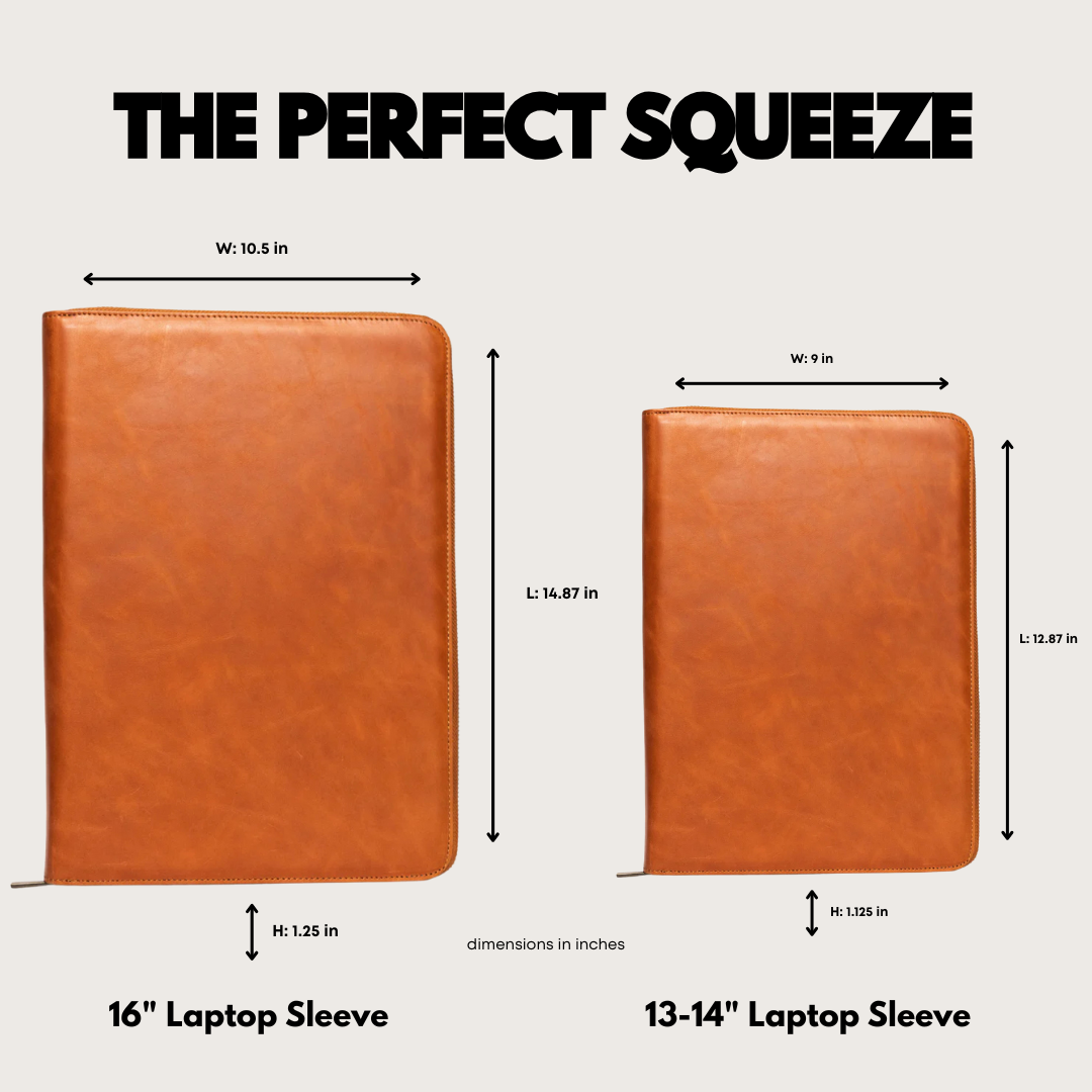 Two sienna leather laptop sleeves side-by-side showing 16" and 13-14" sizes with dimension arrows