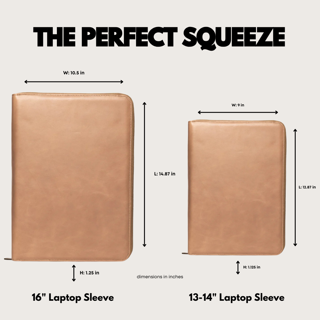 Tan leather zip-around laptop sleeves, 16 in and 13-14 in, front view side-by-side with dimension arrows