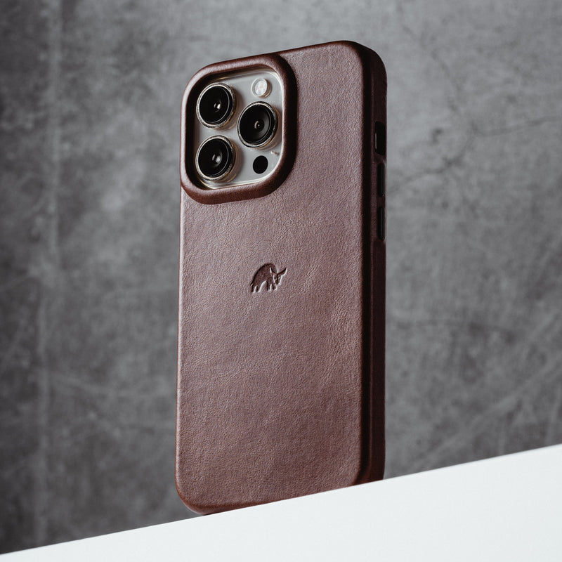 Terra colored leather iPhone case with embossed logo