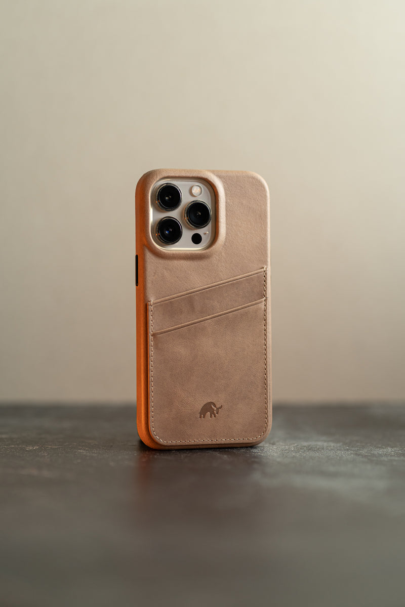 Bullstrap leather iPhone case in beige with card slot