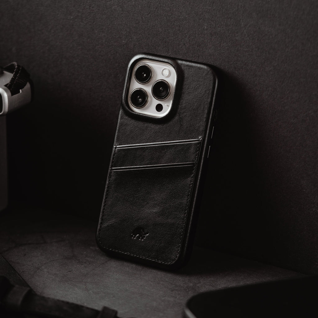 Black leather iPhone case with card slots on the back
