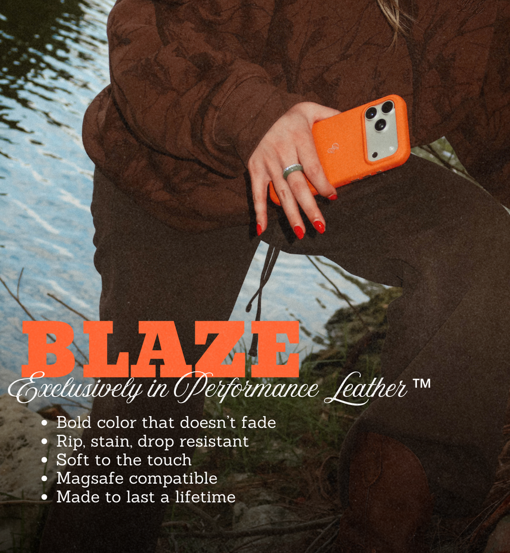 BLAZE ad showing orange Performance Leather iPhone case and text: bold color, rip stain drop resistant, MagSafe compatible