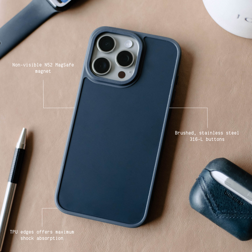 Non-visible N52 MagSafe magnet; Brushed, stainless steel 316-L buttons; TPU edges offers maximum shock absorption