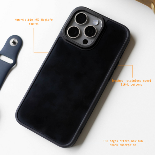 Case: Non-visible N52 MagSafe magnet; Brushed, stainless steel 316-L buttons; TPU edges offers maximum shock absorption