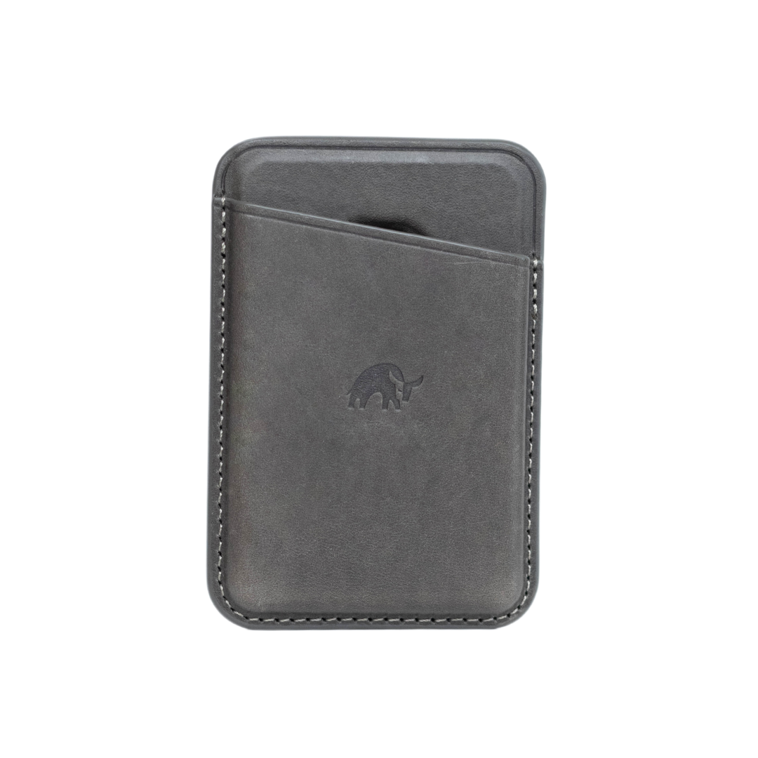 Slate leather magnetic wallet with a front pocket and embossed bull logo