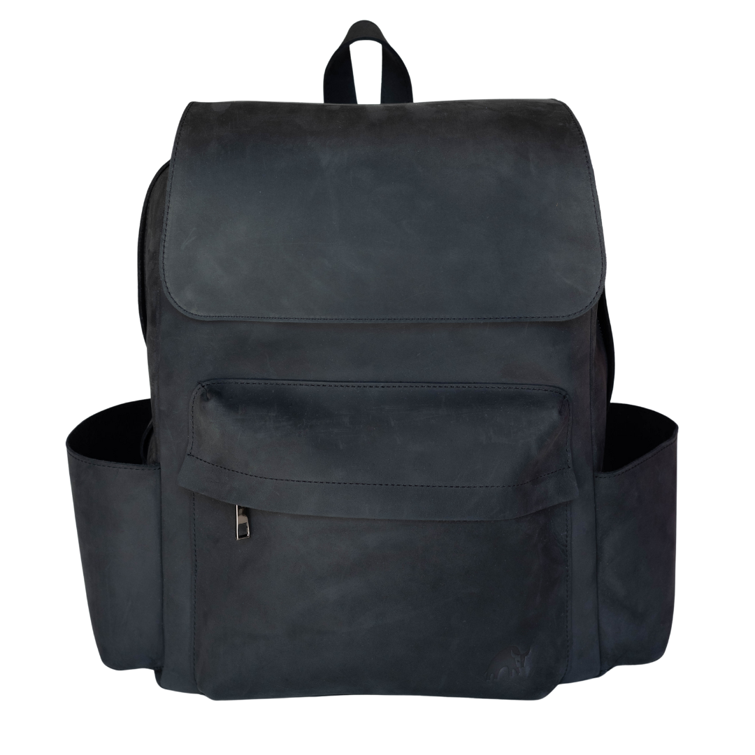 Black leather rugged backpack with front pocket and side compartments