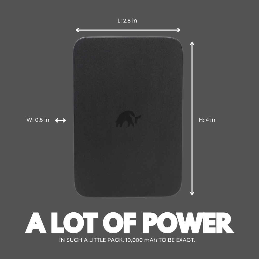 Power bank with L: 2.8 in; W: 0.5 in; H: 4 in. A LOT OF POWER. IN SUCH A LITTLE PACK. 10,000 mAh TO BE EXACT.