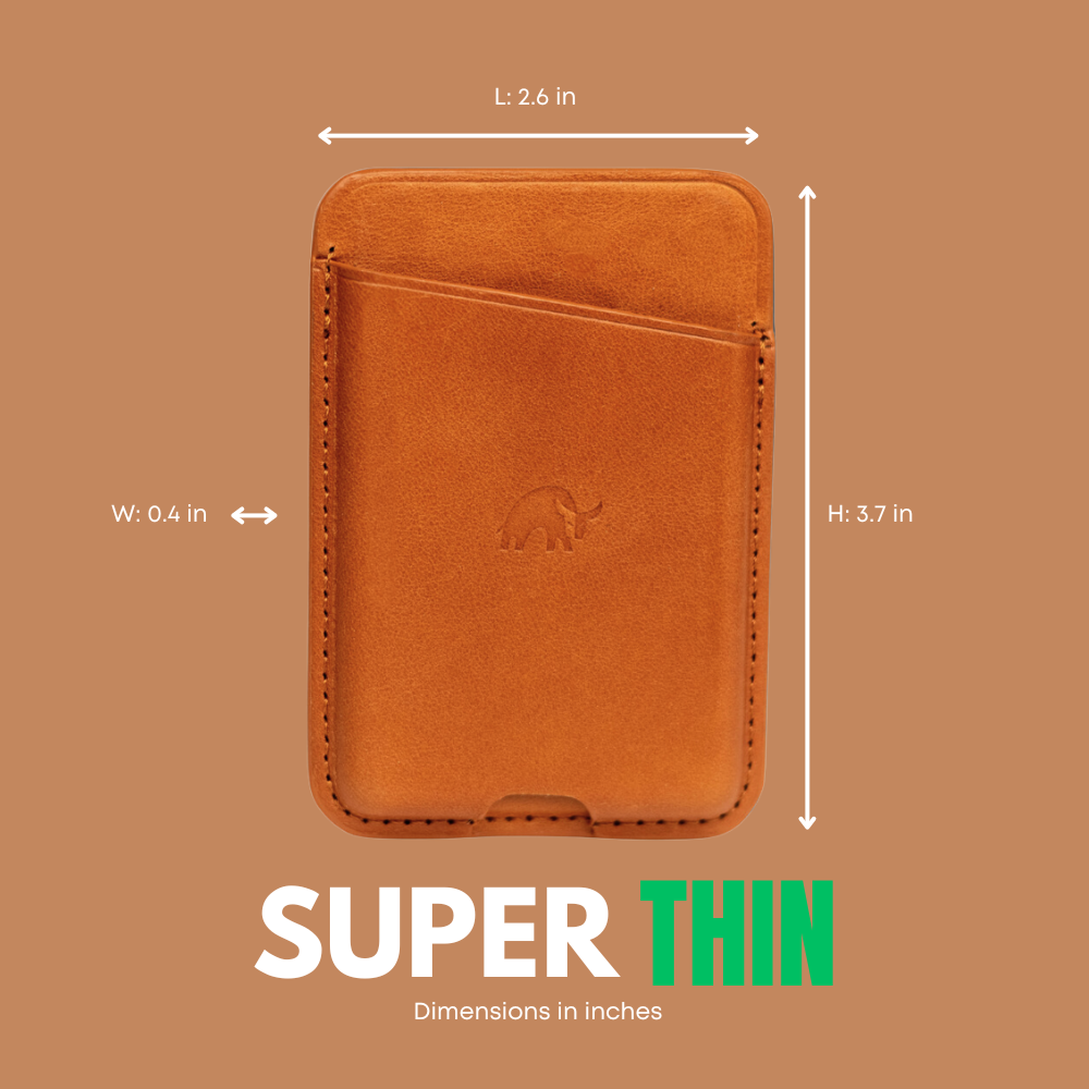 Sienna leather NavSafe card wallet with dimensions: L: 2.6 in, W: 0.4 in, H: 3.7 in; SUPER THIN; Dimensions in inches