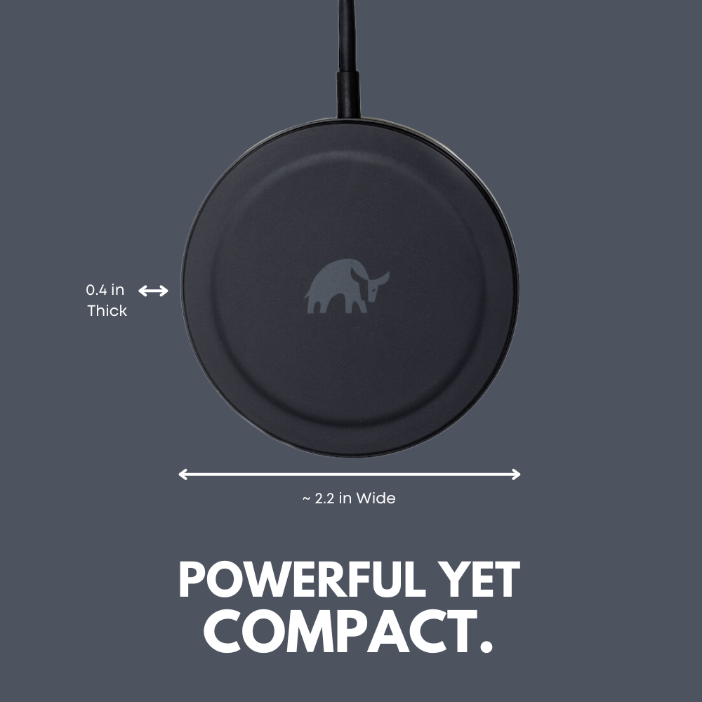MagSafe charging puck with elephant logo, labeled '0.4 in Thick', '~ 2.2 in Wide', and 'POWERFUL YET COMPACT.'