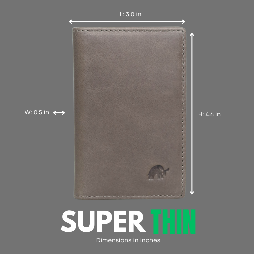 Front view of Leather Nav Messenger Wallet Slate showing SUPER THIN with dimensions L 3.0 in x H 4.6 in x W 0.5 in