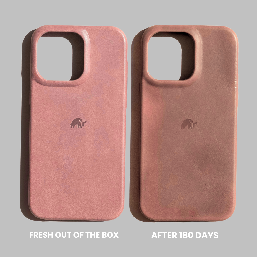 Two South Beach Minimalist leather cases side-by-side; left new, right after 180 days; FRESH OUT OF THE BOX; AFTER 180 DAYS