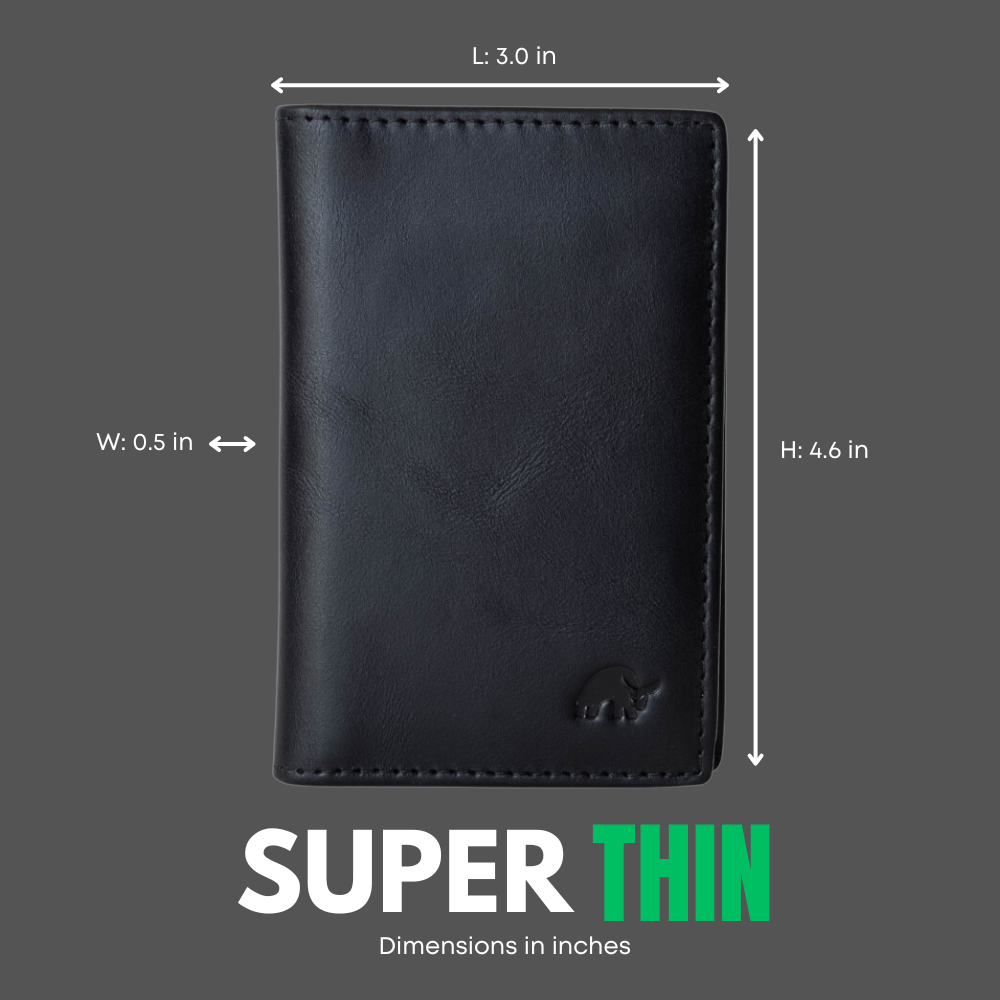 Black leather wallet with dimensions labeled L: 3.0 in, W: 0.5 in, H: 4.6 in; SUPER THIN; Dimensions in inches.
