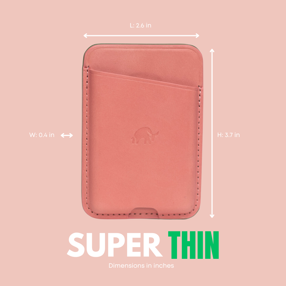 South Beach leather NavSafe wallet with elephant logo; L: 2.6 in, W: 0.4 in, H: 3.7 in; SUPER THIN; Dimensions in inches