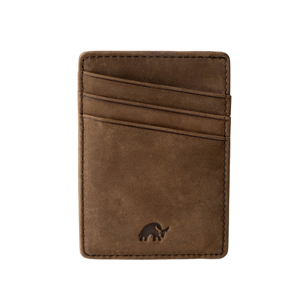 Brown leather money clip with card slots and a bull logo