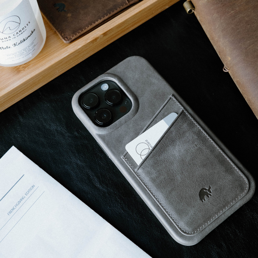 The Minimalist Portfolio Case in Slate color with card slot and camera cutout