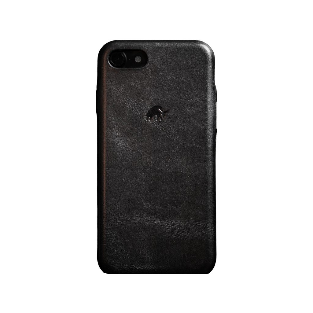 Black leather iPhone case, rear view, embossed rhinoceros logo near camera cutout