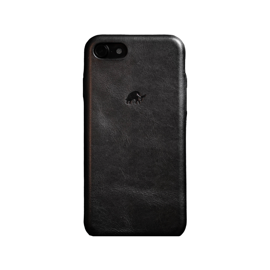 Black leather iPhone case, rear view, embossed rhinoceros logo near camera cutout