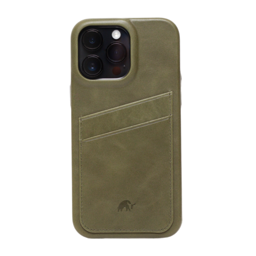Rear view of Maverick Minimalist Portfolio Case in olive with two card slots, embossed logo, camera cutout on white