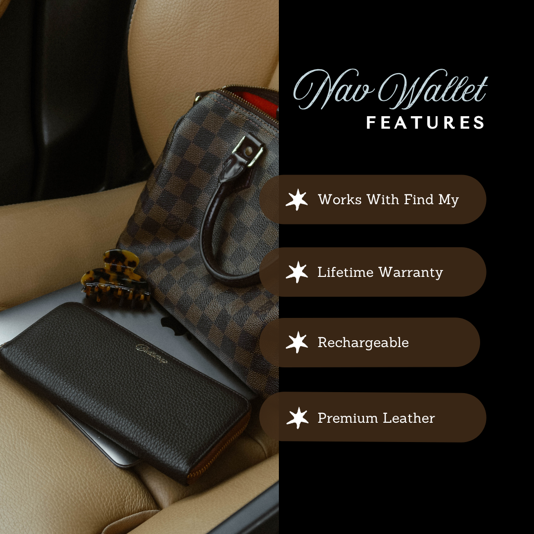 Nav Wallet FEATURES: Works With Find My; Lifetime Warranty; Rechargeable; Premium Leather — wallet pictured on car seat