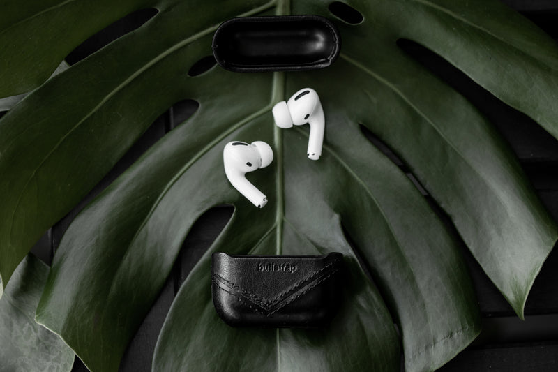 AirPods and a black leather case on a green leaf background